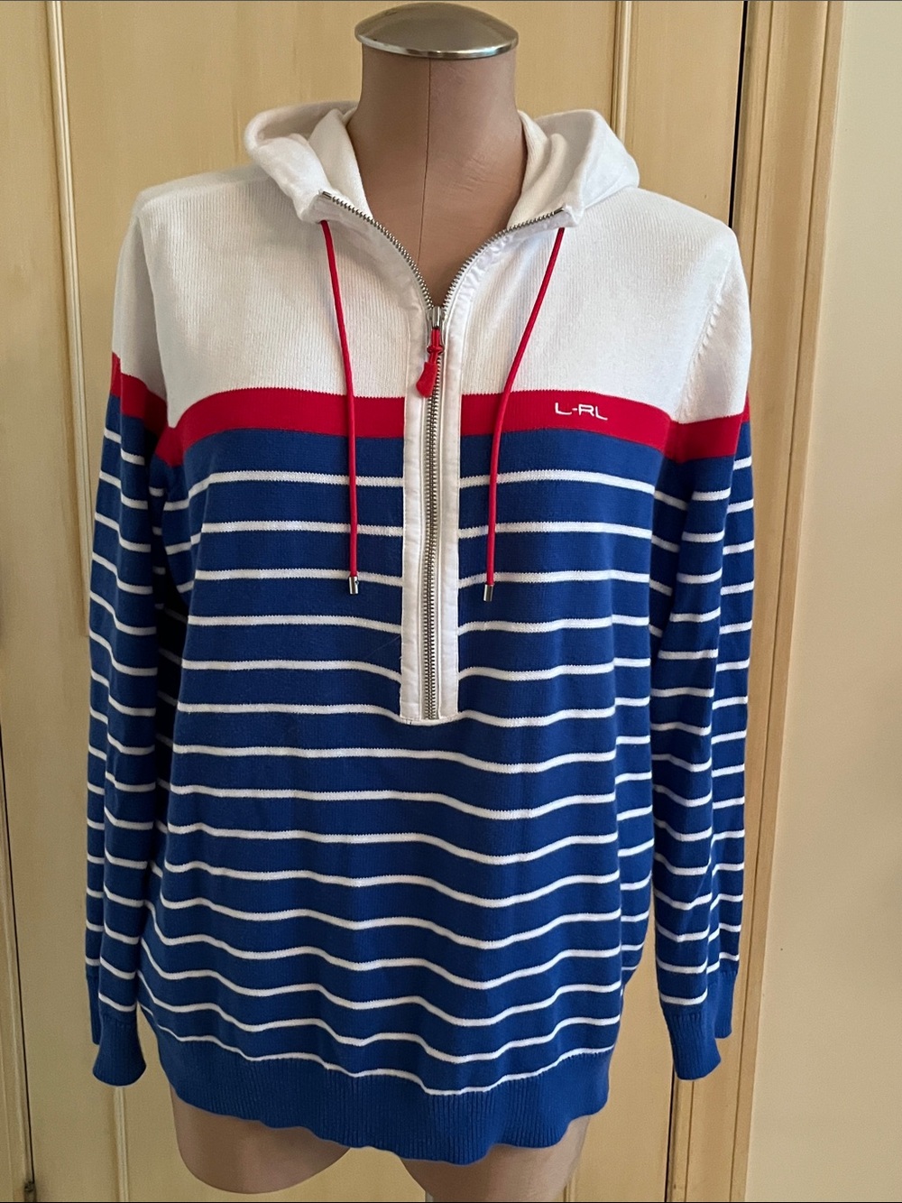 RALPH LAUREN Nautical Coastal Casual 100% Cotton Knit R/W/B 1/2 Zip Hoodie SZ 1X